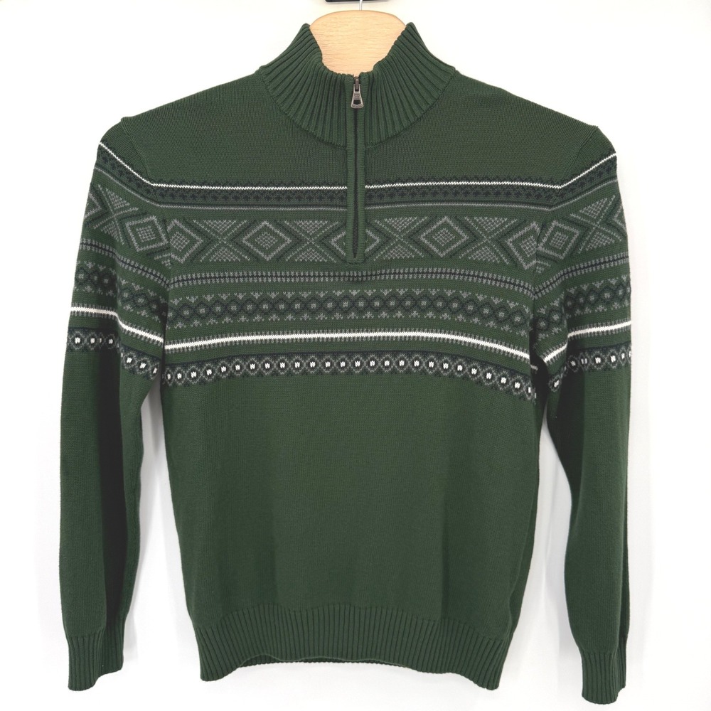 Weatherproof Vintage Sweater Mens M Green Holiday Quarter Zip Fair Isle Cotton